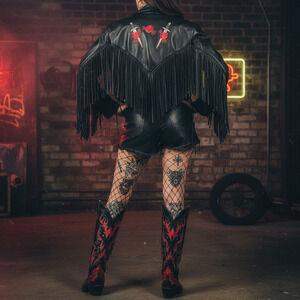 Black Leather Jacket with Red Rose Embroidery and Fringe